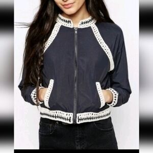 Free People Womens Navy Blue Crochet Trim Cropped Baseball Bomber Jacket Size M